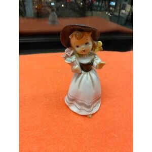 Vintage LEFTON Little  GIRL 6" Porcelain Figurine Black Bonnet Brown Hair